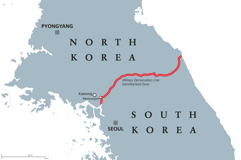 Korean Peninsula demilitarized zone political map gray